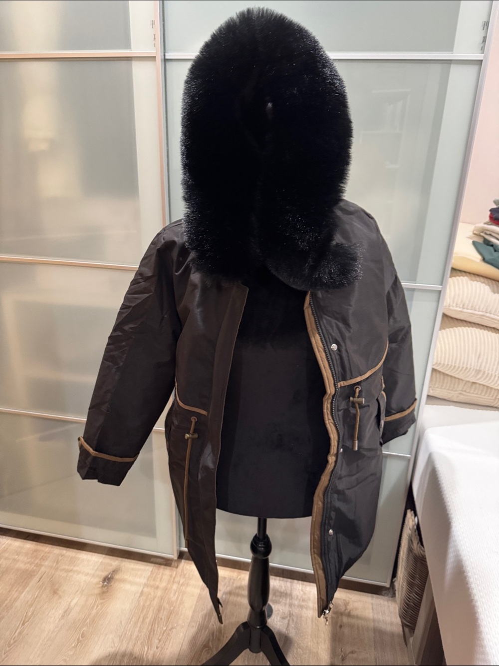 Black Parka Coat with Plush Fur Hood